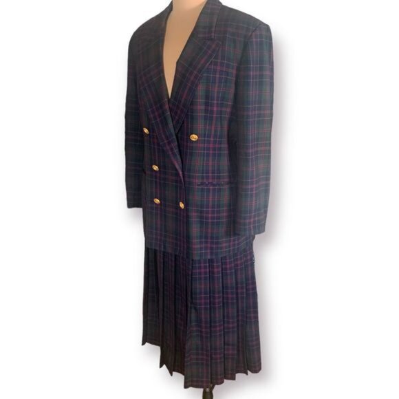 Vintage JHCollectibles Skirt Suit Double Breasted Blazer Wool Green Red Plaid - Picture 3 of 16